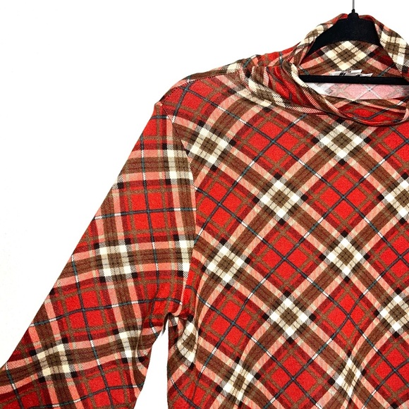 Umgee Rust Red Plaid Elbow Patch Bell Sleeve Turtleneck Top Medium Women’s - Picture 3 of 11